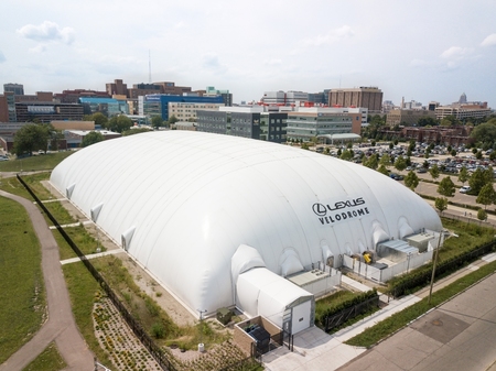 Exterior aerial photo of the Lexus Velodrome Dome in Detroit in daytime. Installed by The Farley Group.